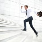 Motion Blur Office Worker Leaps Up White Staircase